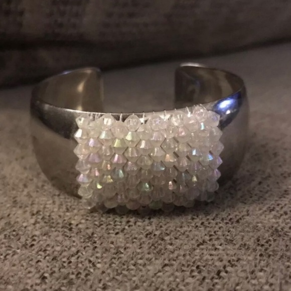 Aurora Borealis Geometric Square Beaded Large Thick Stainless Steel Cuff Bangle - Picture 2 of 12